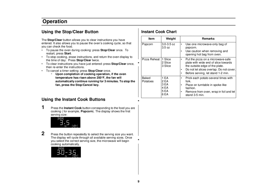 Samsung MT1044WB, MT1066SB Using the Stop/Clear Button, Using the Instant Cook Buttons, Instant Cook Chart, Weight Remarks 