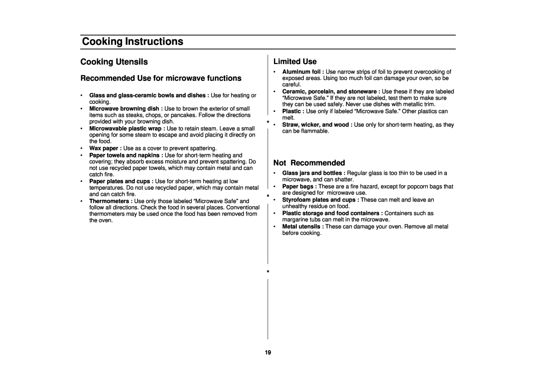 Samsung MT1066SB, MT1044WB Cooking Instructions, Cooking Utensils, Recommended Use for microwave functions, Limited Use 