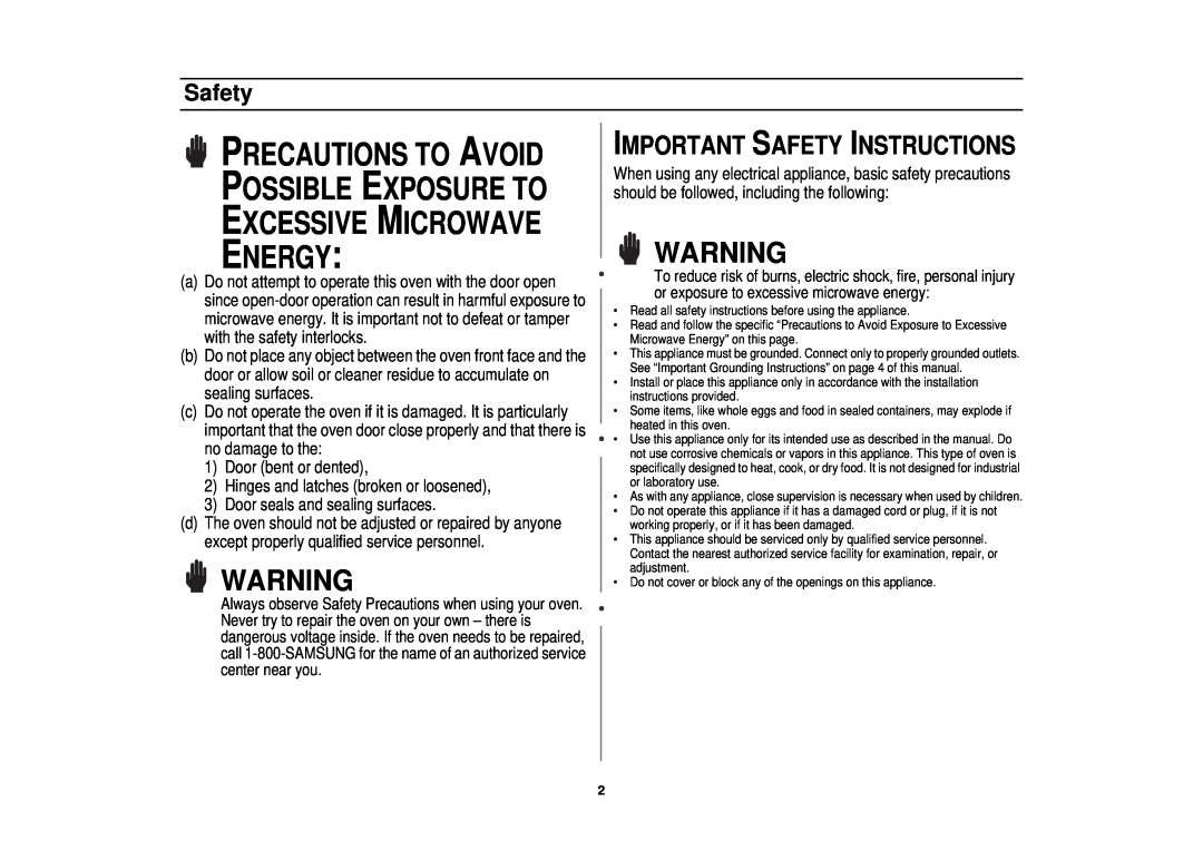 Samsung MT1088SB, MT1044WB, MT1066SB Precautions To Avoid Possible Exposure To Excessive Microwave Energy, Safety 