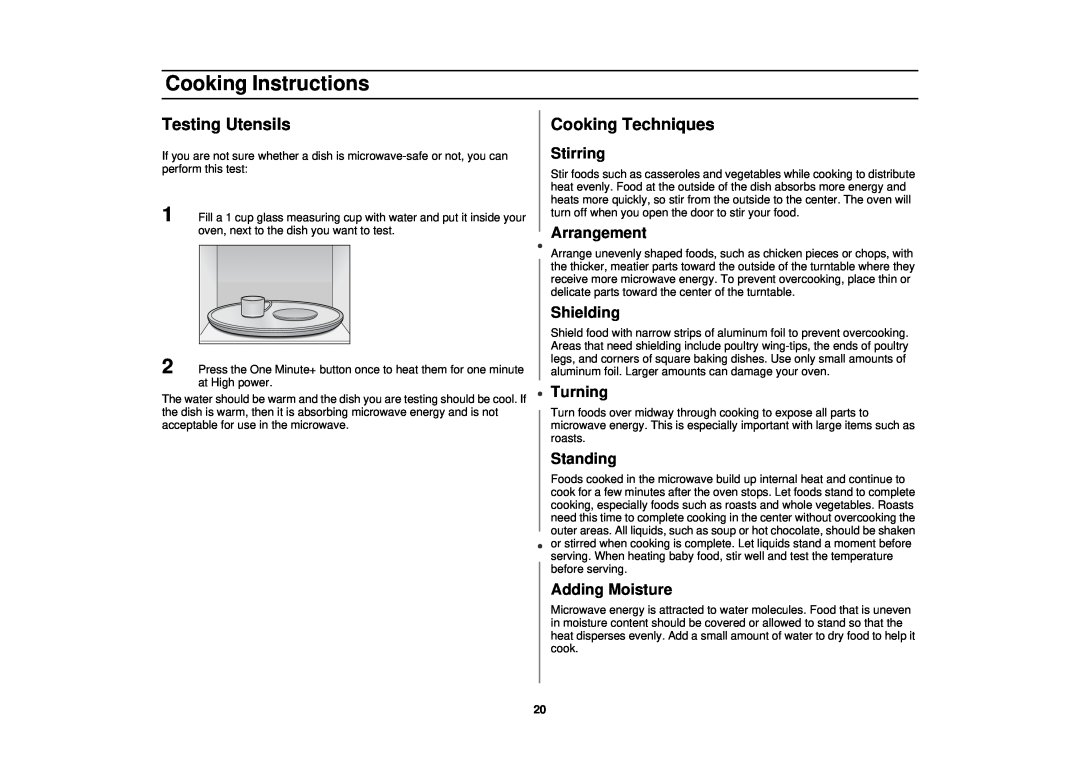 Samsung MT1088SB, MT1044WB Testing Utensils, Cooking Techniques, Stirring, Arrangement, Shielding, Turning, Standing 