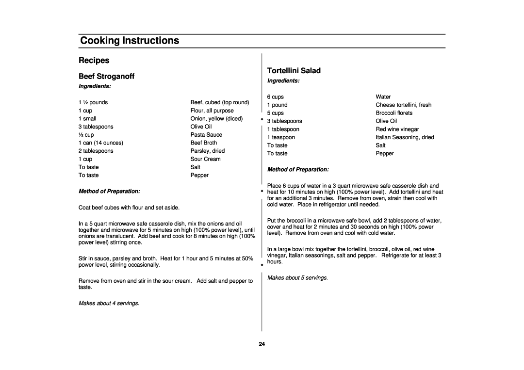 Samsung MT1044WB Recipes, Beef Stroganoff, Tortellini Salad, Cooking Instructions, Ingredients, Method of Preparation 