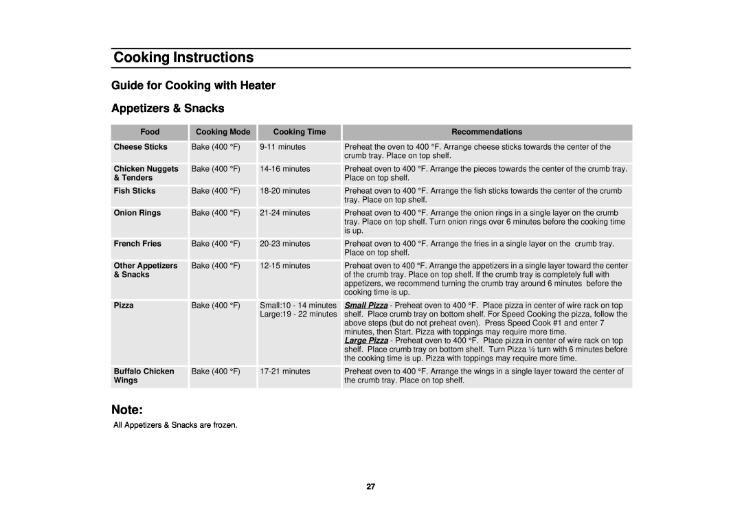 Samsung MT1044WB, MT1066SB, MT1088SB owner manual Guide for Cooking with Heater Appetizers & Snacks, Cooking Instructions 