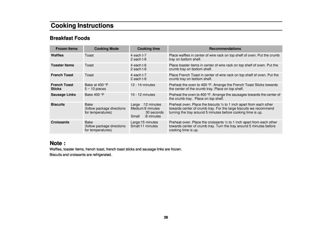 Samsung MT1066SB, MT1044WB, MT1088SB owner manual Breakfast Foods, Cooking Instructions 