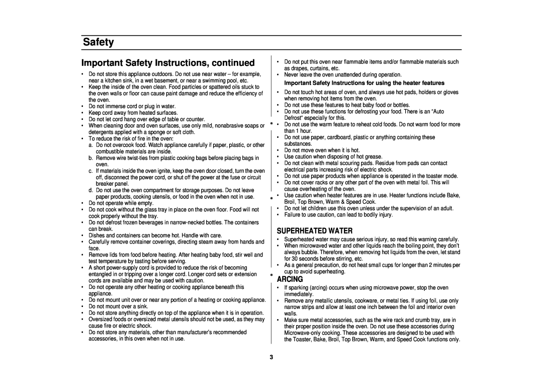 Samsung MT1044WB, MT1066SB, MT1088SB owner manual Important Safety Instructions, continued, Superheated Water, Arcing 