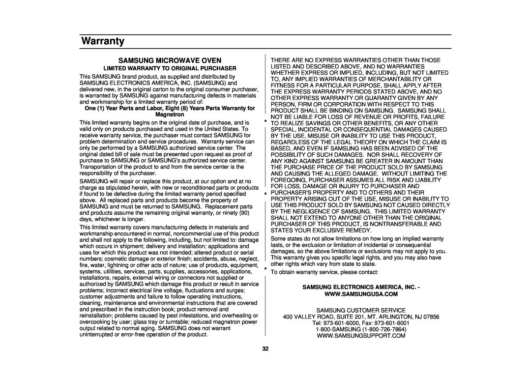 Samsung MT1088SB, MT1044WB, MT1066SB owner manual Warranty, Samsung Microwave Oven 