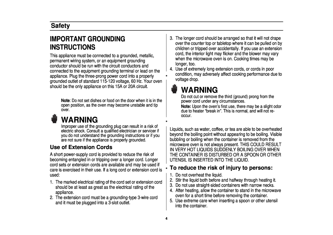Samsung MT1066SB Important Grounding Instructions, Use of Extension Cords, To reduce the risk of injury to persons, Safety 