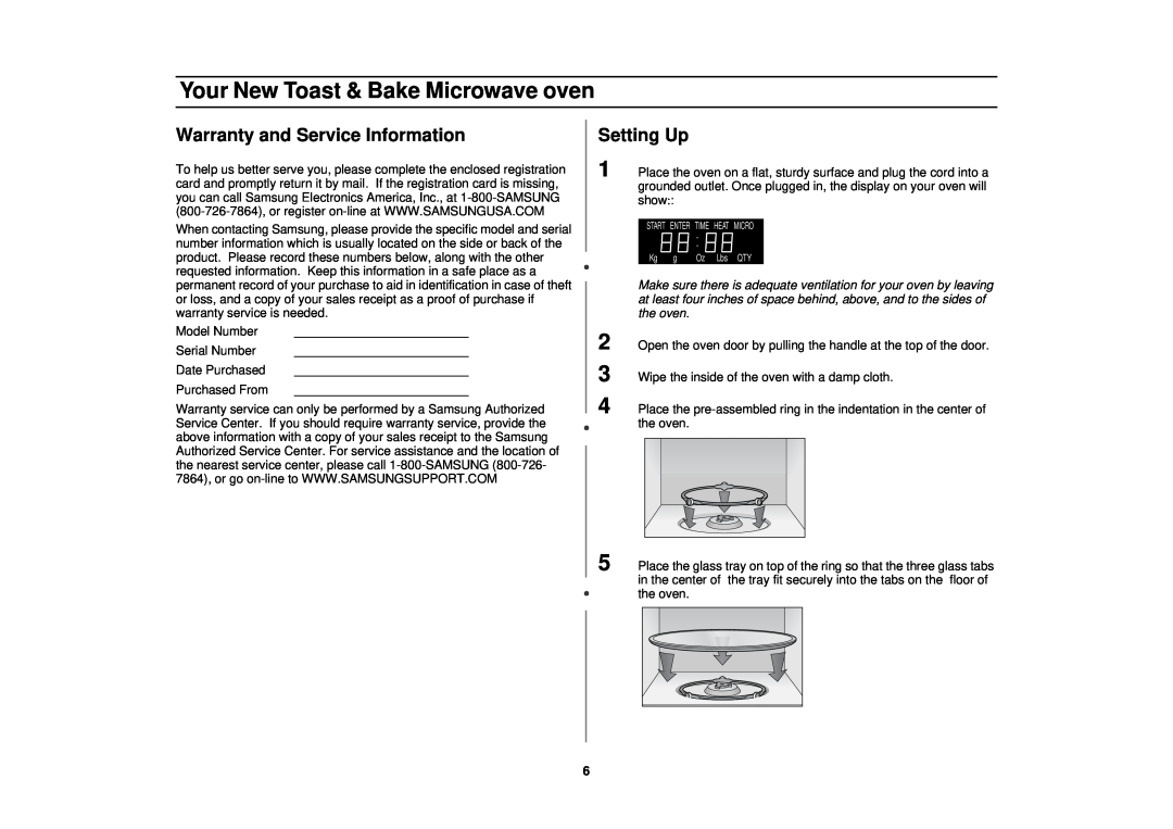 Samsung MT1044WB, MT1066SB, MT1088SB Warranty and Service Information, Setting Up, Your New Toast & Bake Microwave oven 