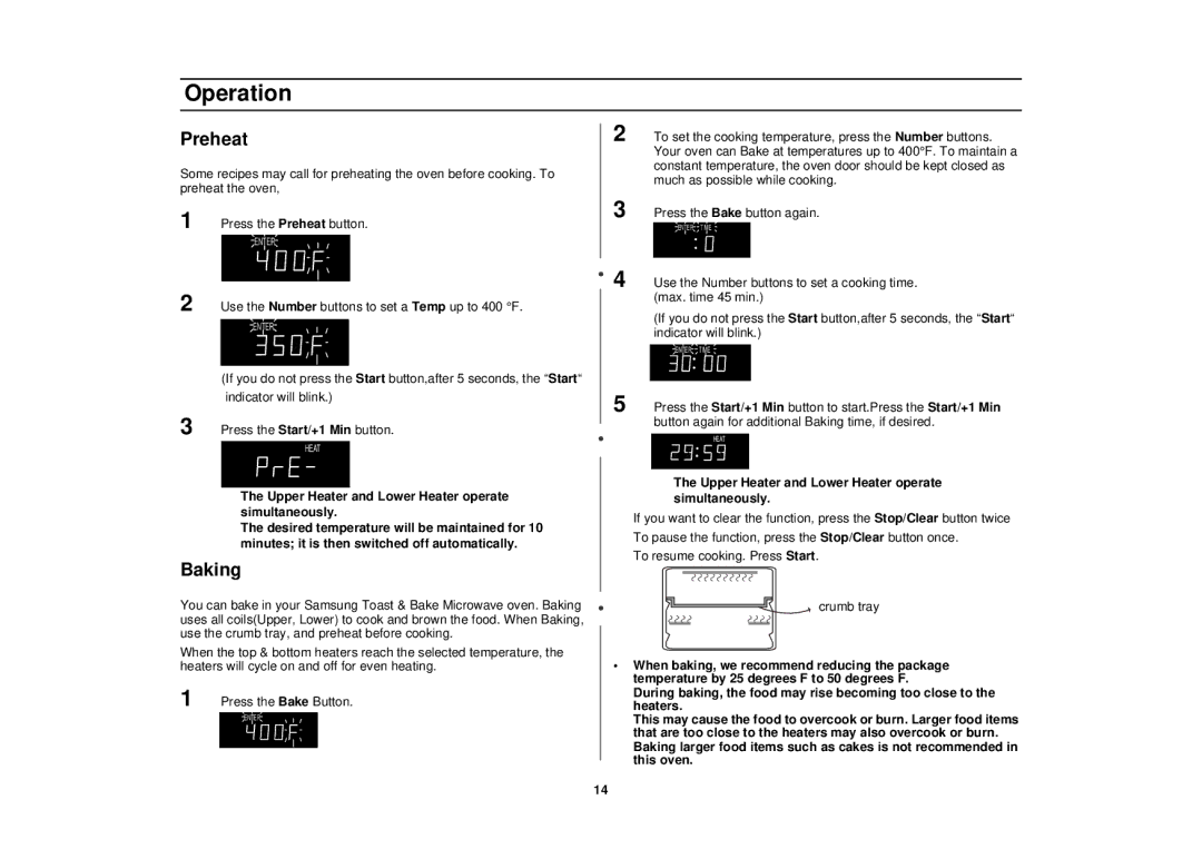 Samsung MT1044WBBB/CB, MT1044WB/BB/CB, MT1066SB, MT1088SB owner manual Preheat, Baking 