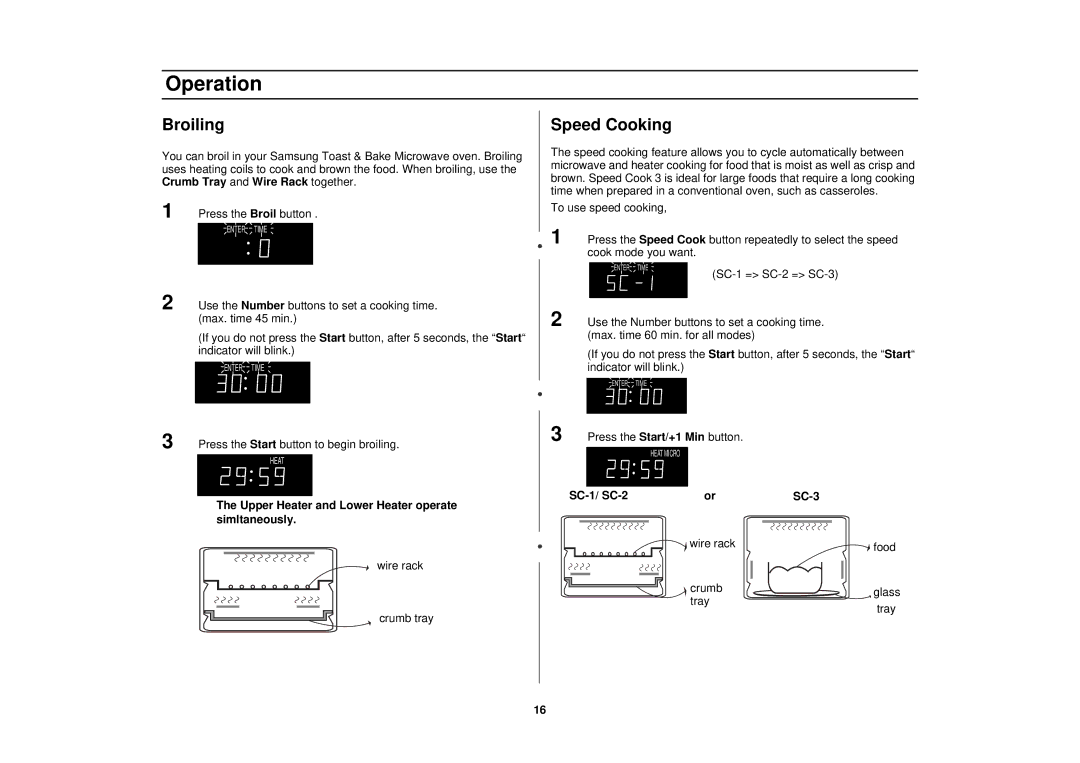 Samsung MT1044WBBB/CB Broiling, Speed Cooking, Upper Heater and Lower Heater operate simltaneously, SC-1/ SC-2 SC-3 