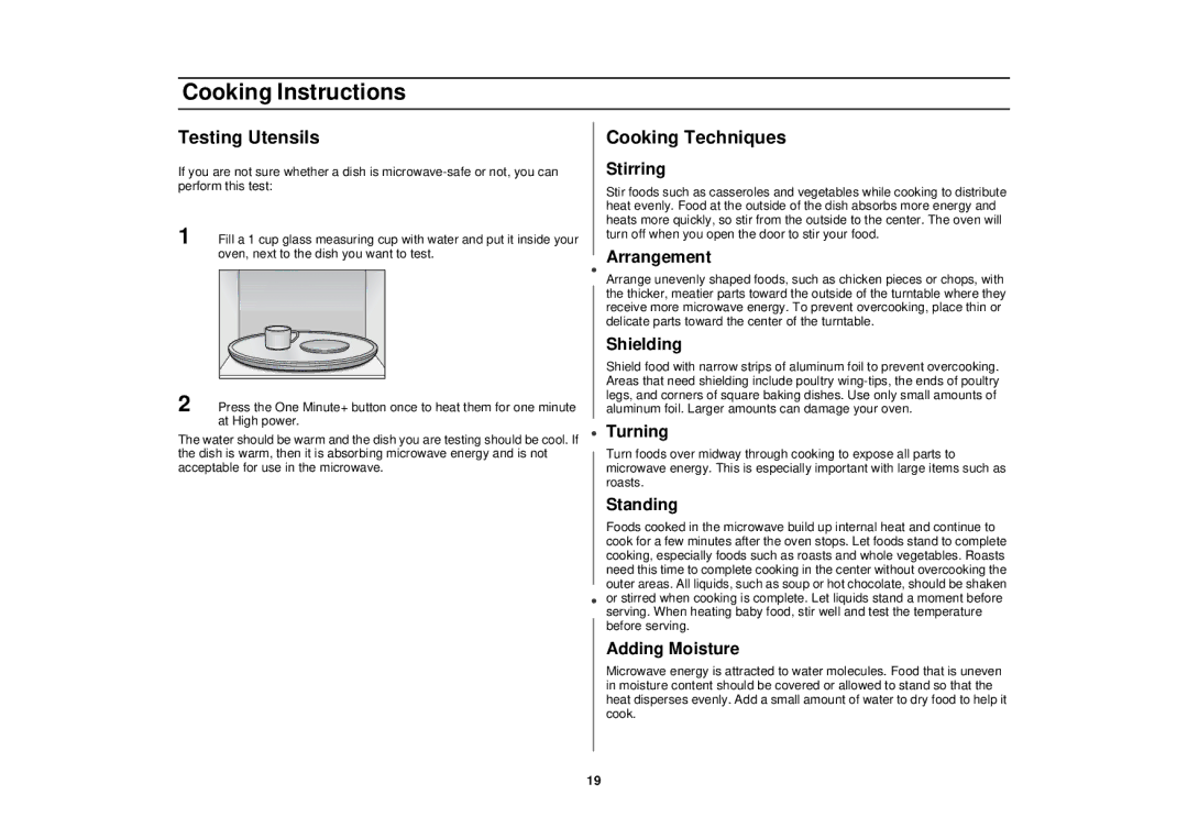 Samsung MT1044WB/BB/CB, MT1066SB, MT1088SB, MT1044WBBB/CB owner manual Testing Utensils, Cooking Techniques 