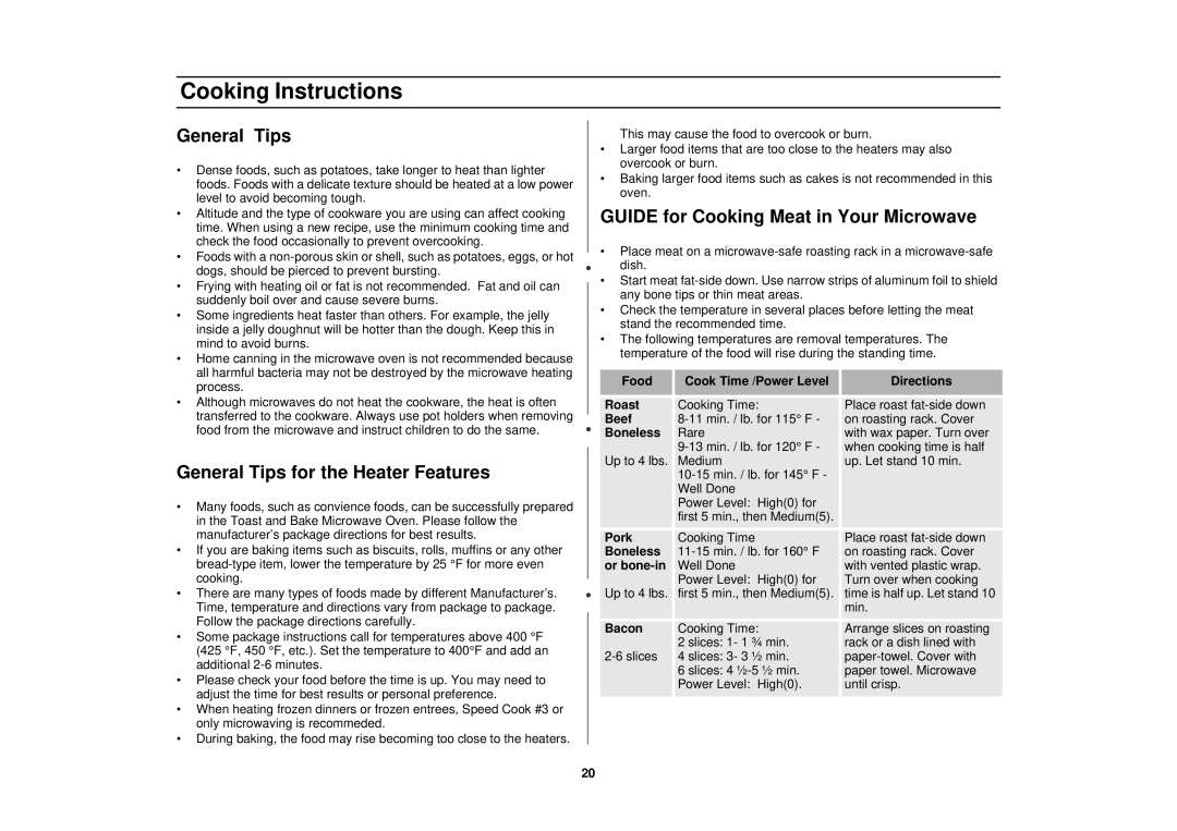 Samsung MT1044WBBB/CB owner manual General Tips for the Heater Features, Guide for Cooking Meat in Your Microwave 