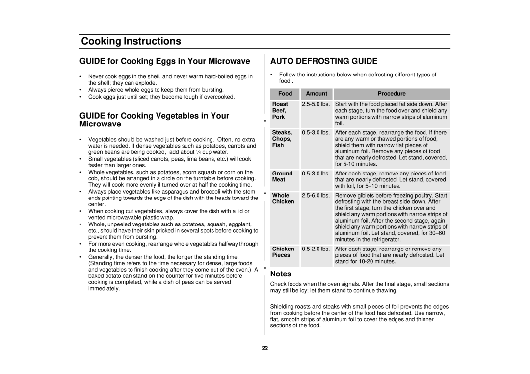 Samsung MT1044WBBB/CB owner manual Guide for Cooking Eggs in Your Microwave, Guide for Cooking Vegetables in Your Microwave 