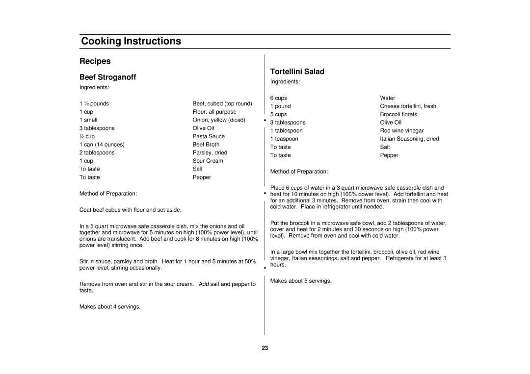 Samsung MT1044WB/BB/CB, MT1066SB, MT1088SB, MT1044WBBB/CB owner manual Recipes, Beef Stroganoff, Tortellini Salad 