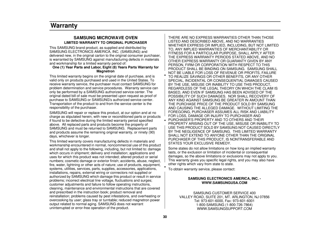 Samsung MT1044WBBB/CB, MT1044WB/BB/CB, MT1066SB, MT1088SB owner manual Warranty, Samsung Microwave Oven 