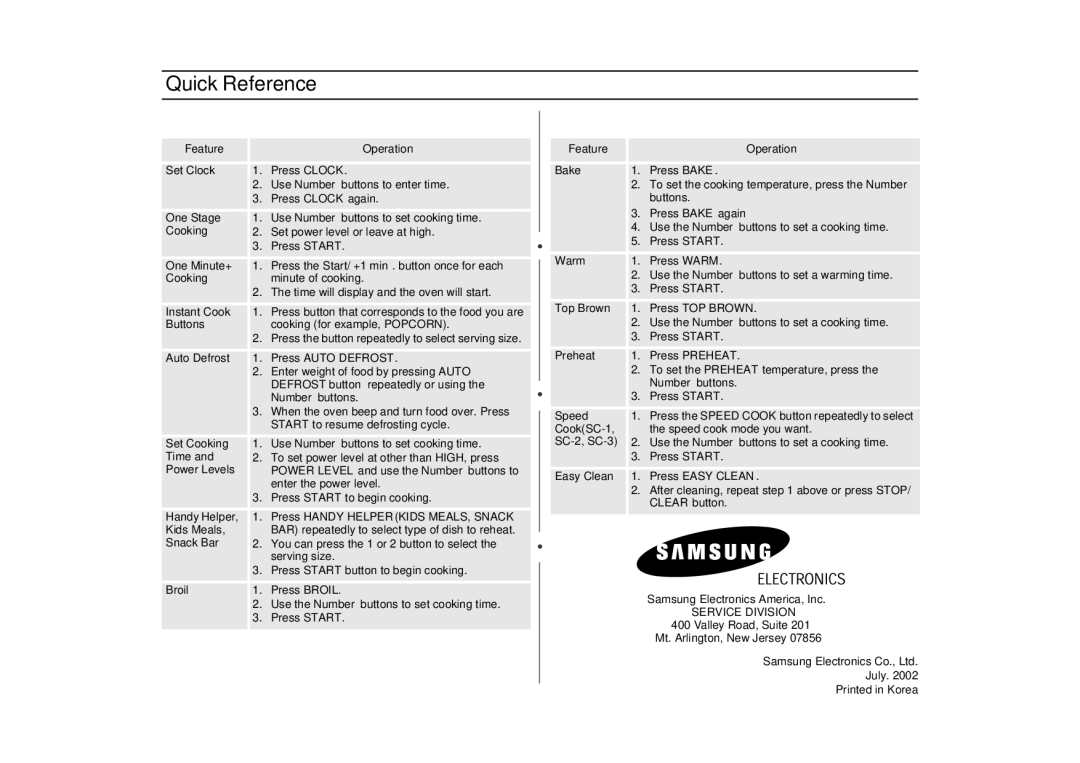 Samsung MT1044WBBB/CB, MT1044WB/BB/CB, MT1066SB, MT1088SB Quick Reference, Valley Road, Suite Mt. Arlington, New Jersey 