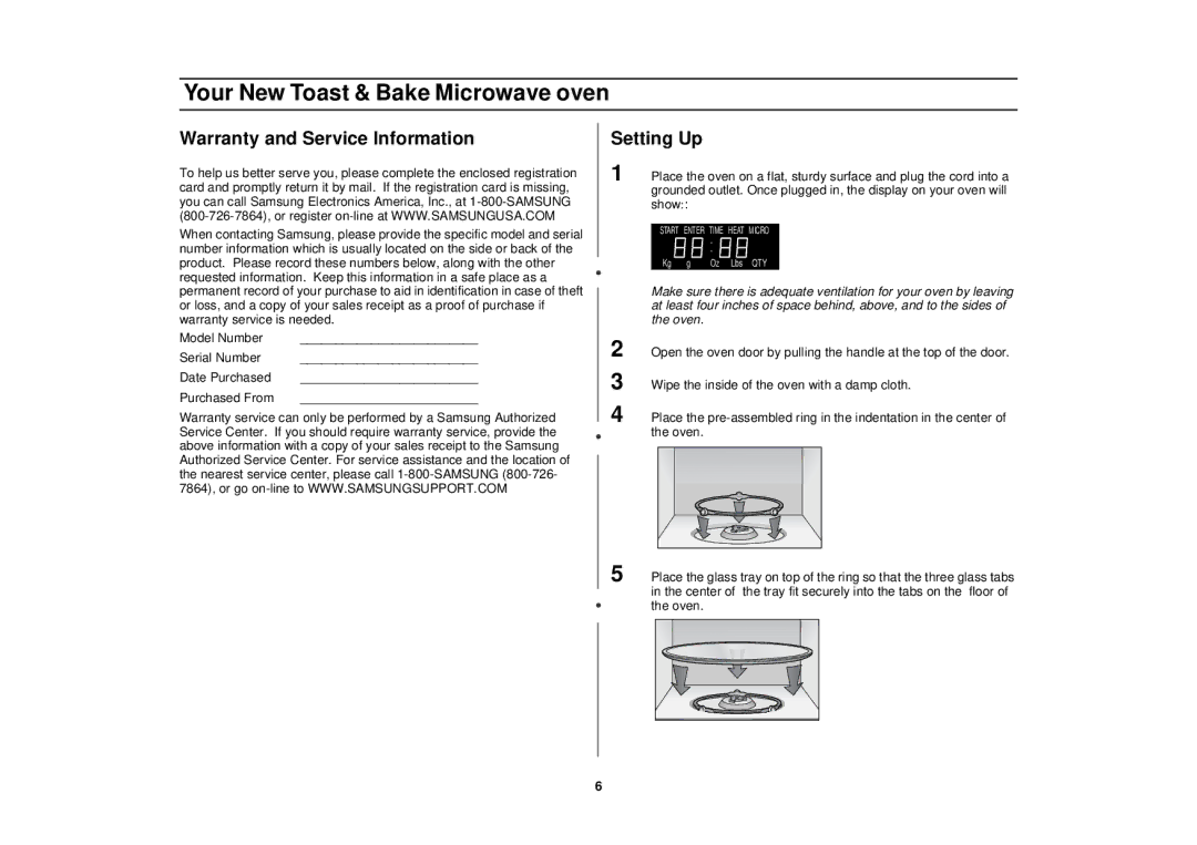 Samsung MT1044WBBB/CB, MT1044WB/BB/CB, MT1066SB, MT1088SB owner manual Warranty and Service Information, Setting Up 