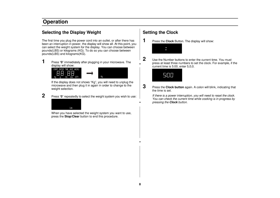 Samsung MT1044WBBB/CB, MT1044WB/BB/CB, MT1066SB, MT1088SB Operation, Selecting the Display Weight, Setting the Clock 