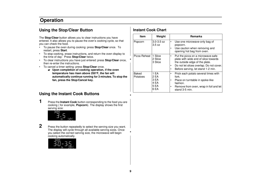 Samsung MT1044WB/BB/CB, MT1066SB, MT1088SB Using the Stop/Clear Button, Using the Instant Cook Buttons, Instant Cook Chart 