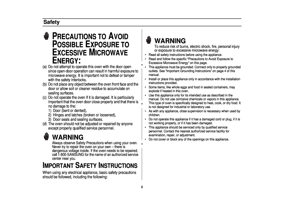 Samsung MT1044WBBB/CB owner manual Important Safety Instructions, Precautions To Avoid Possible Exposure To 