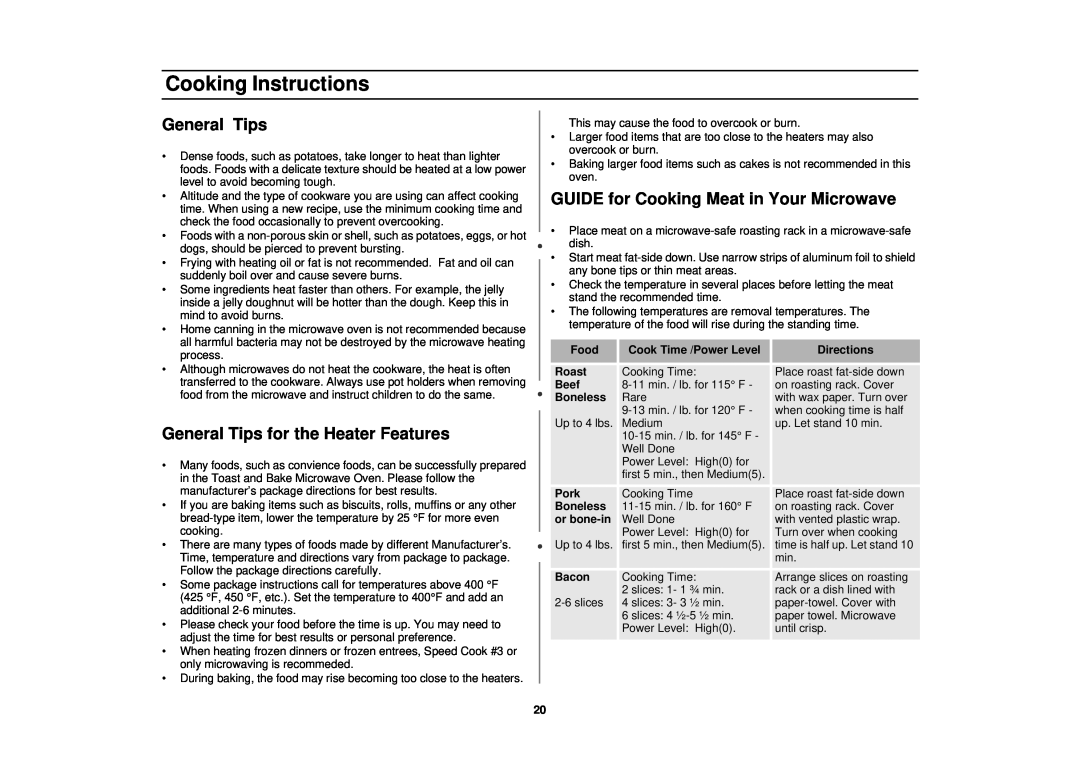 Samsung MT1044WBBB/CB owner manual General Tips for the Heater Features, GUIDE for Cooking Meat in Your Microwave 