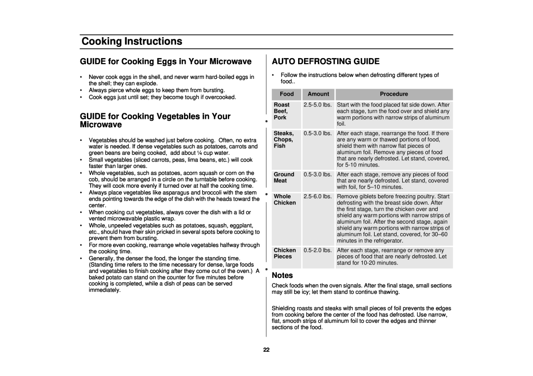 Samsung MT1044WBBB/CB GUIDE for Cooking Eggs in Your Microwave, GUIDE for Cooking Vegetables in Your Microwave, Notes 