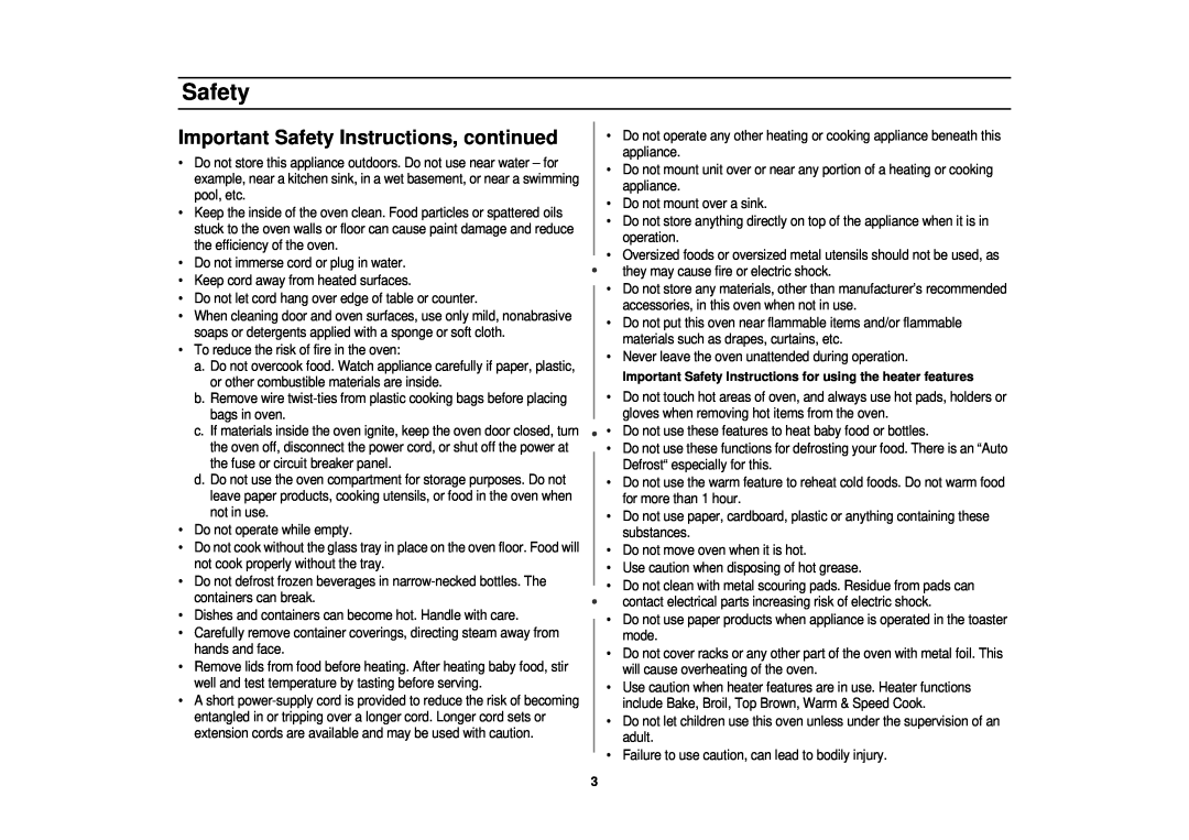 Samsung MT1044WB/BB/CB, MT1066SB, MT1088SB, MT1044WBBB/CB owner manual Important Safety Instructions, continued 