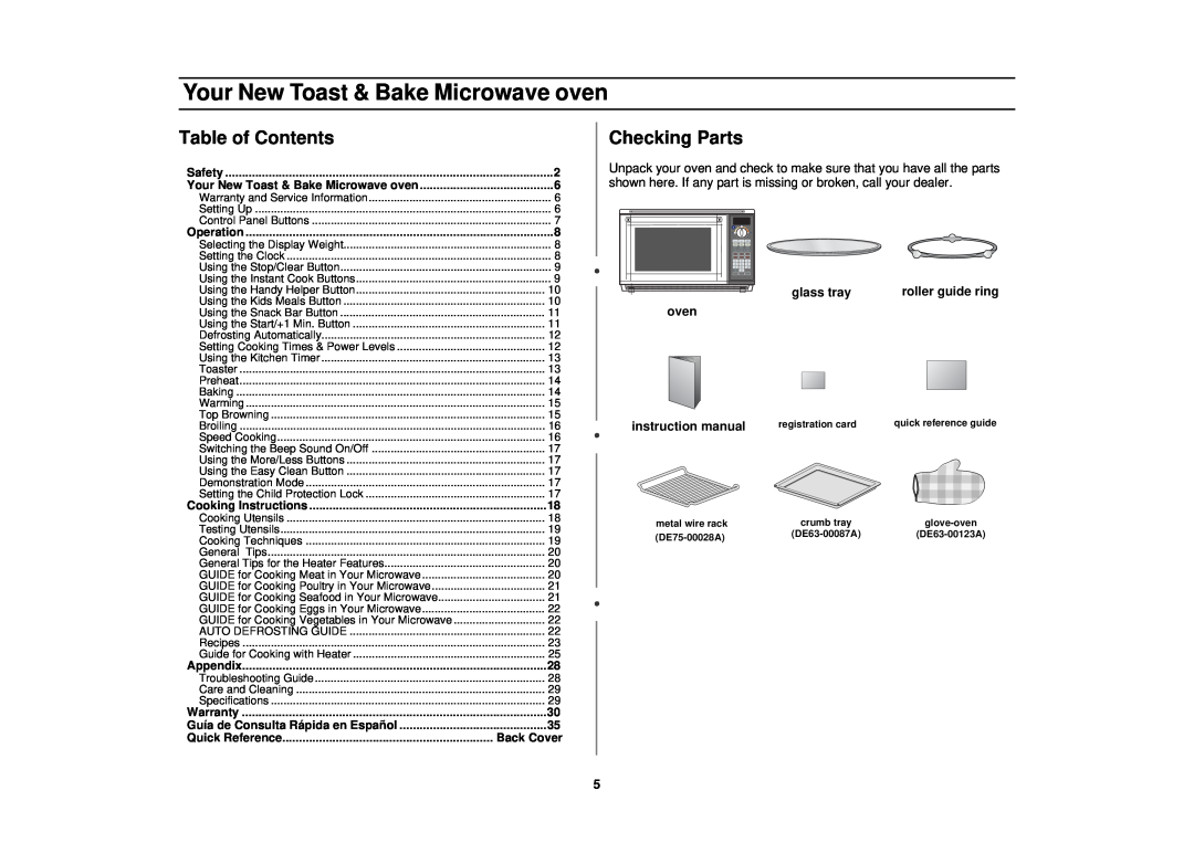 Samsung MT1044WB/BB/CB, MT1066SB, MT1088SB Your New Toast & Bake Microwave oven, Table of Contents, Checking Parts 