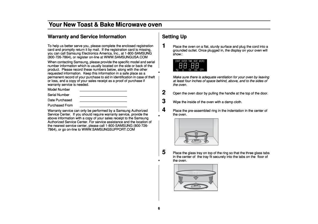 Samsung MT1044WBBB/CB owner manual Warranty and Service Information, Setting Up, Your New Toast & Bake Microwave oven 