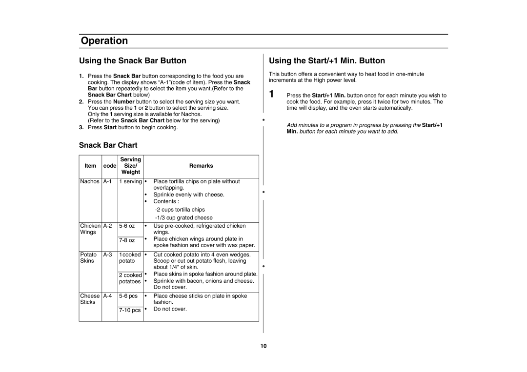 Samsung MT1066SE/ZAM manual Using the Snack Bar Button, Using the Start/+1 Min. Button, Snack Bar Chart 