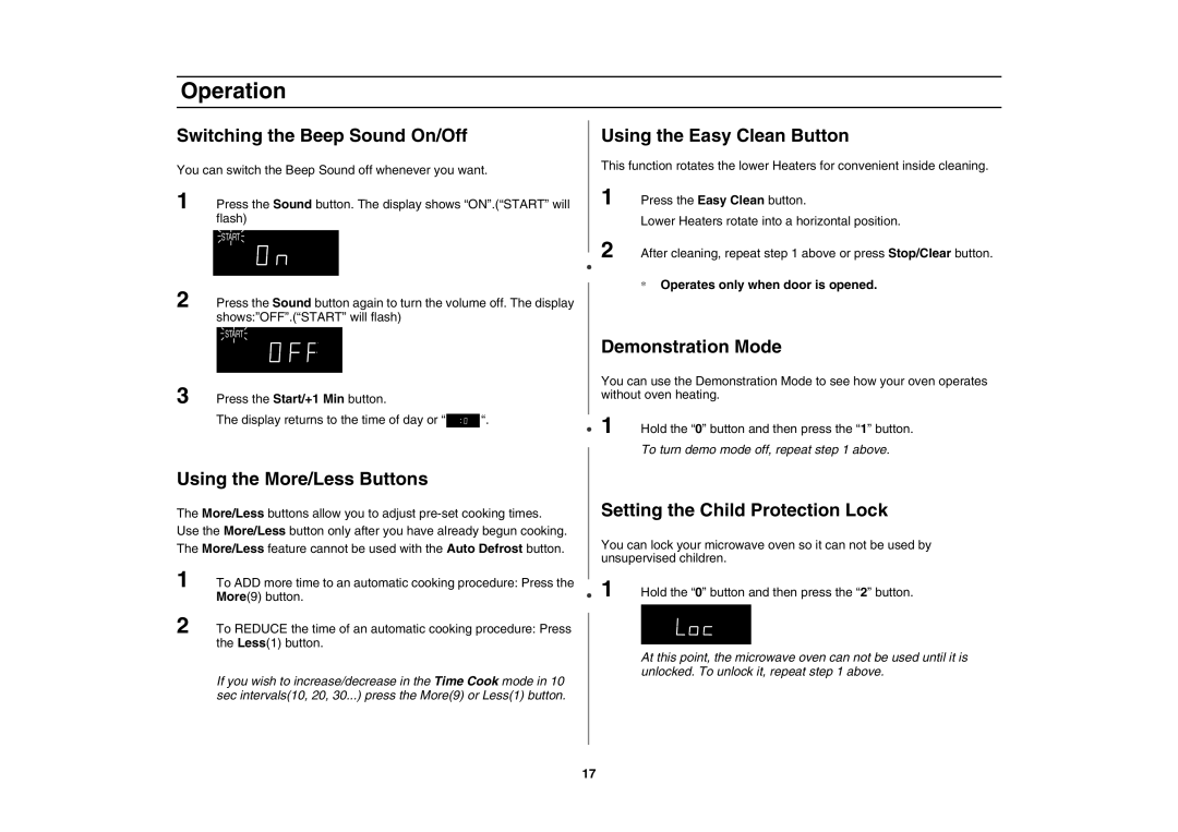 Samsung MT1066SE/ZAM manual Switching the Beep Sound On/Off, Using the More/Less Buttons, Using the Easy Clean Button 