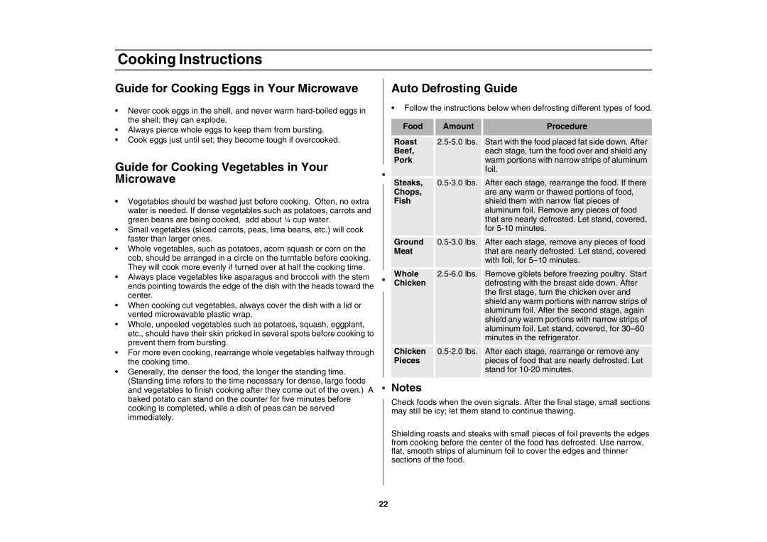 Samsung MT1066SE/ZAM manual Guide for Cooking Eggs in Your Microwave, Guide for Cooking Vegetables in Your Microwave 