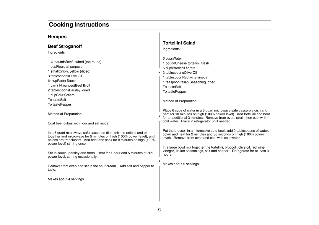 Samsung MT1066SE/ZAM manual Recipes, Beef Stroganoff, Tortellini Salad 