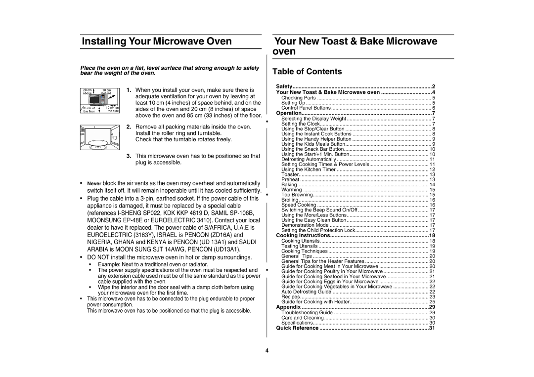 Samsung MT1066SE/ZAM manual Installing Your Microwave Oven, Your New Toast & Bake Microwave oven, Table of Contents 