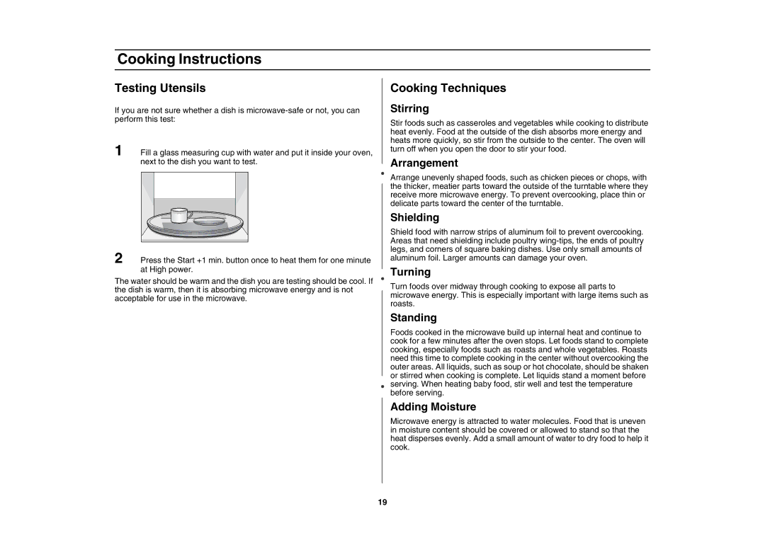 Samsung MT1088SB-B/ZAM manual Testing Utensils, Cooking Techniques 