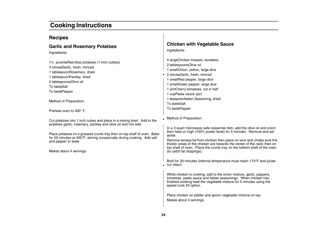 Samsung MT1088SB-B/ZAM manual Garlic and Rosemary Potatoes, Chicken with Vegetable Sauce 