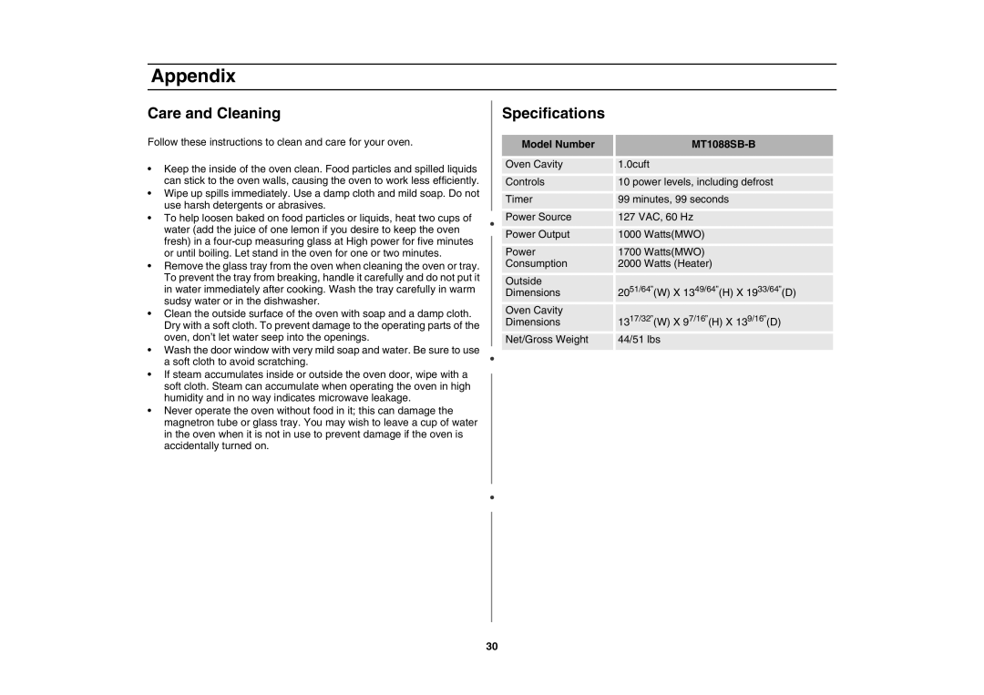 Samsung MT1088SB-B/ZAM manual Care and Cleaning, Specifications, Model Number MT1088SB-B 