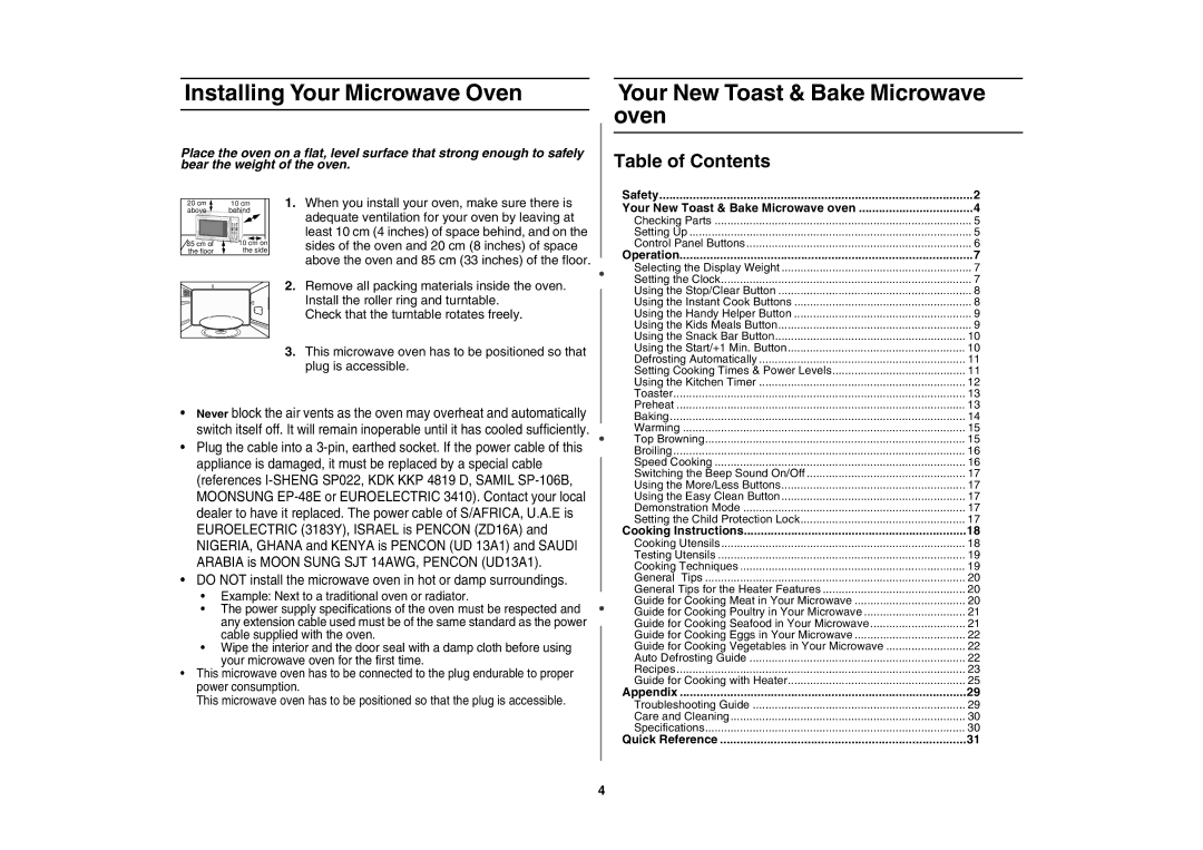 Samsung MT1088SB-B/ZAM manual Installing Your Microwave Oven, Your New Toast & Bake Microwave oven, Table of Contents 