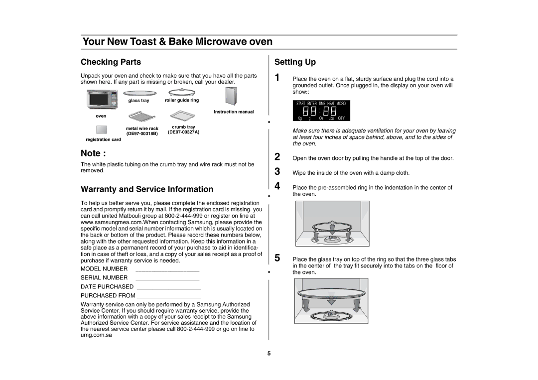 Samsung MT1088SB-B/ZAM manual Checking Parts, Warranty and Service Information, Setting Up 