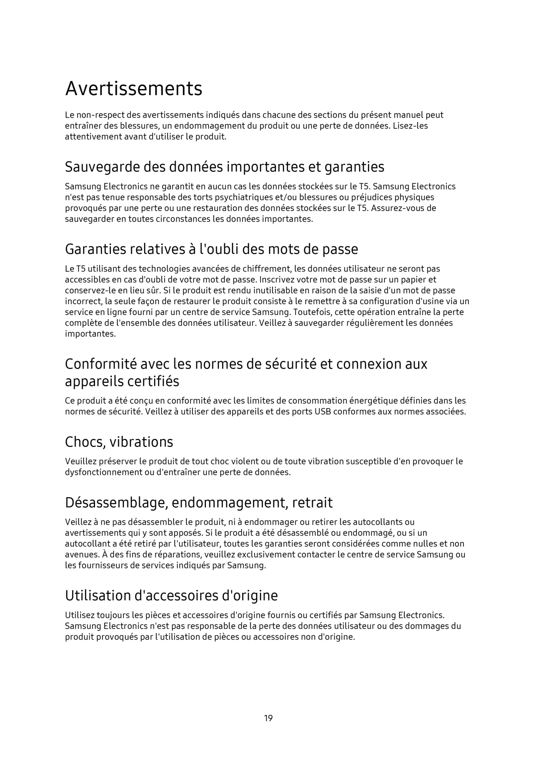 Samsung MU-PA500B/EU, MU-PA1T0B/EU, MU-PA250B/EU, MU-PA2T0B/EU manual Avertissements 