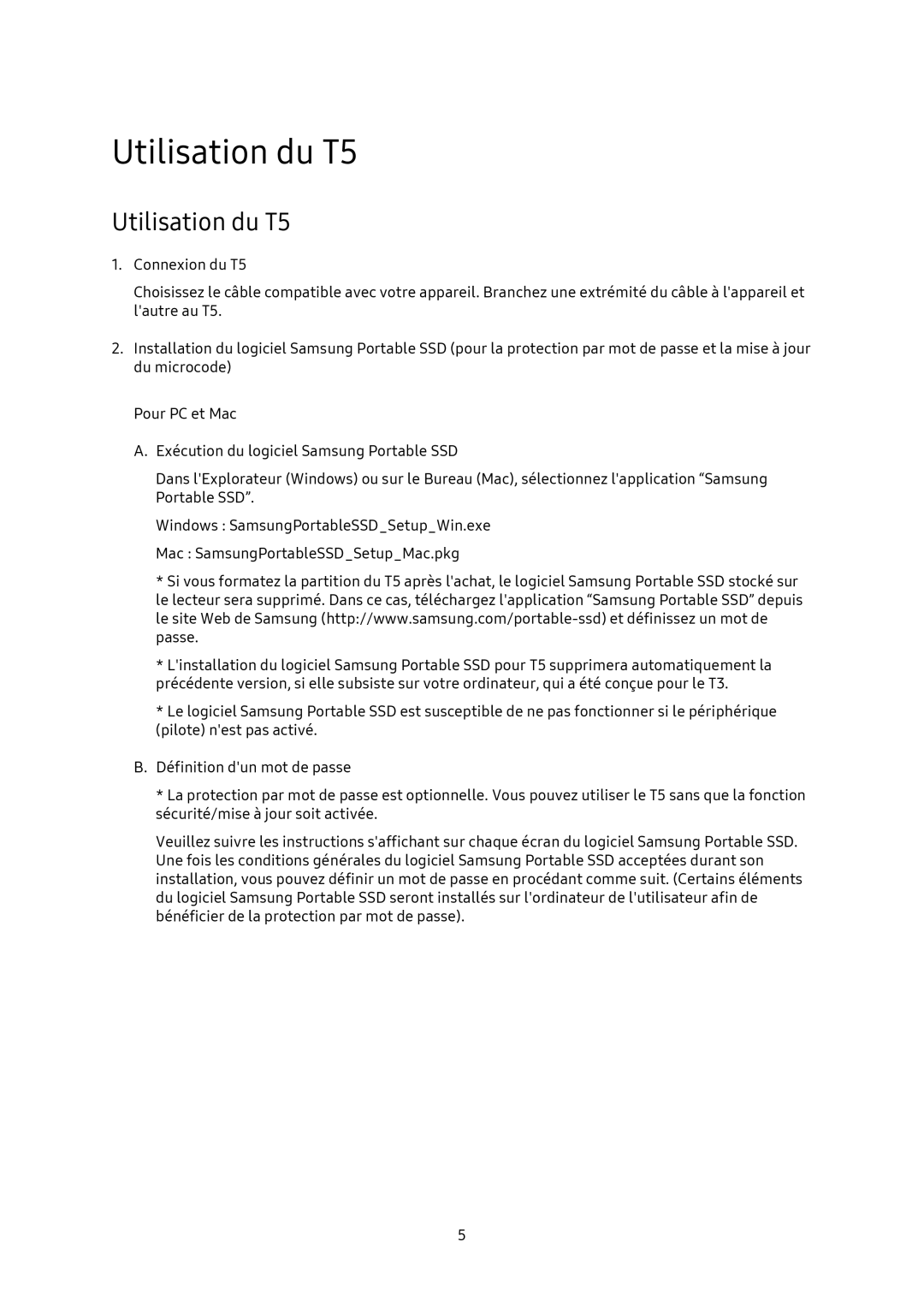 Samsung MU-PA1T0B/EU, MU-PA250B/EU, MU-PA500B/EU, MU-PA2T0B/EU manual Utilisation du T5 