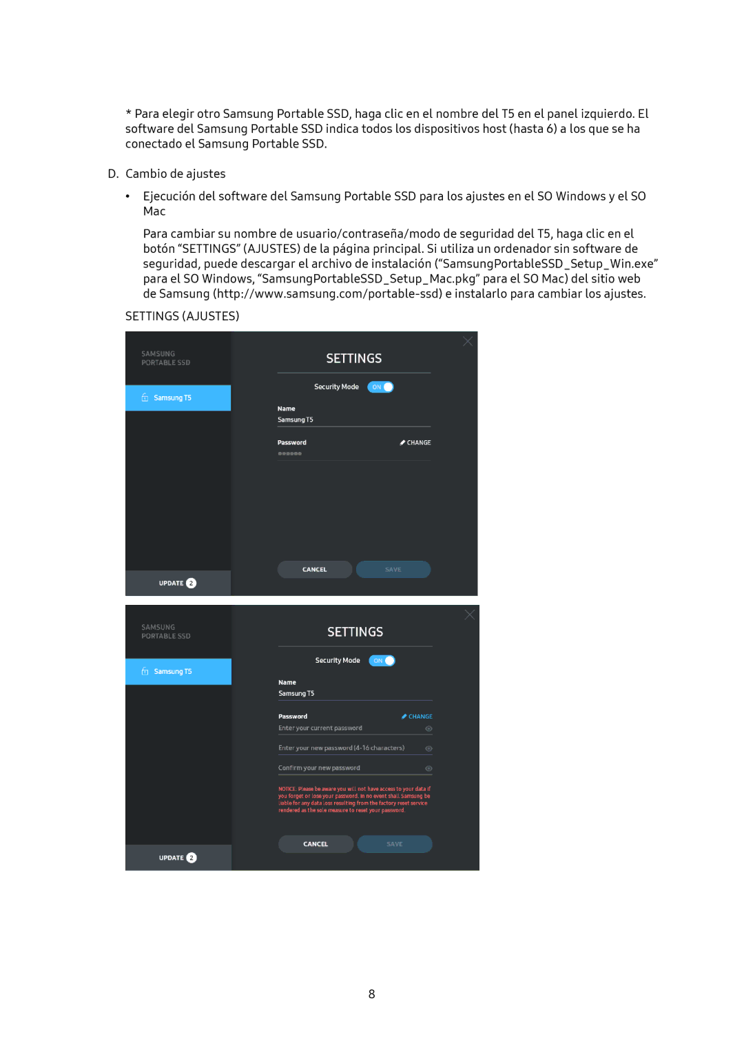 Samsung MU-PA2T0B/EU, MU-PA1T0B/EU, MU-PA250B/EU, MU-PA500B/EU manual Settings Ajustes 