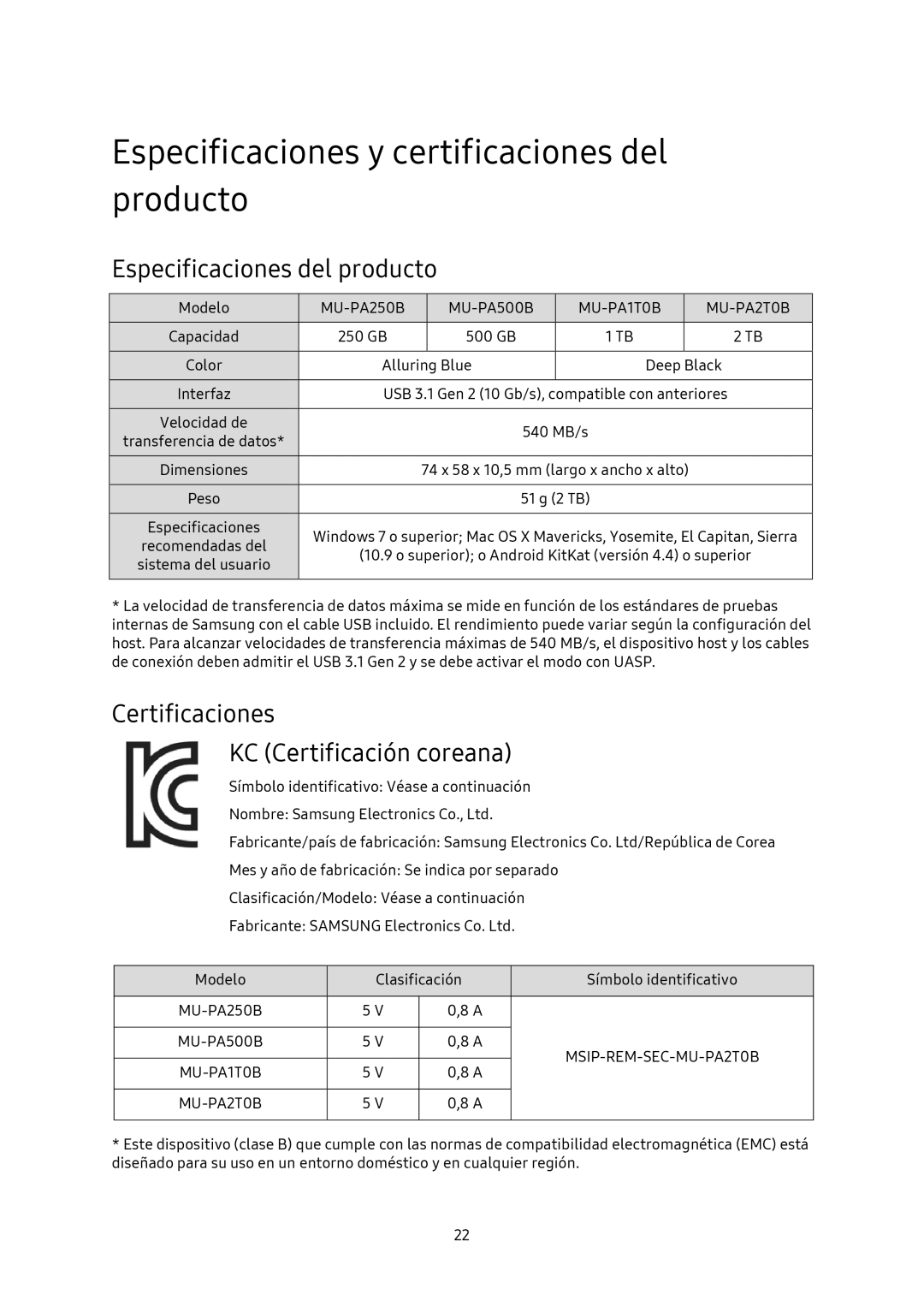 Samsung MU-PA250B/EU, MU-PA1T0B/EU manual Especificaciones y certificaciones del producto, Especificaciones del producto 