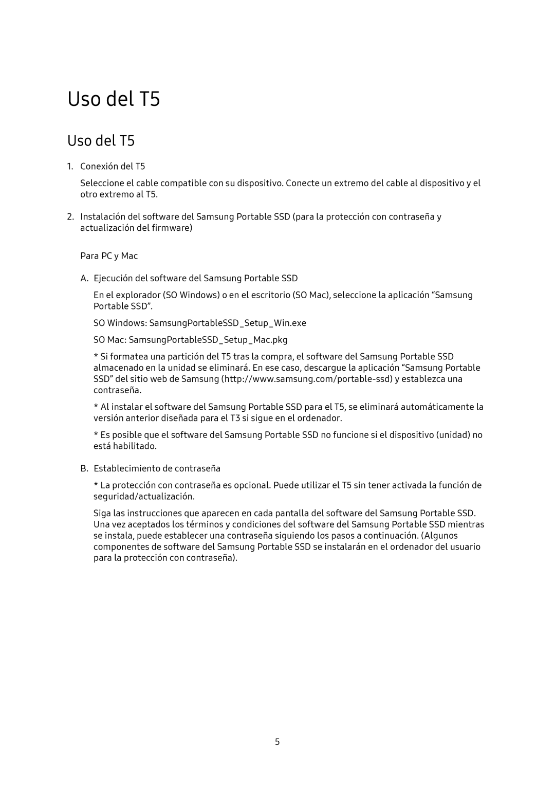 Samsung MU-PA1T0B/EU, MU-PA250B/EU, MU-PA500B/EU, MU-PA2T0B/EU manual Uso del T5 