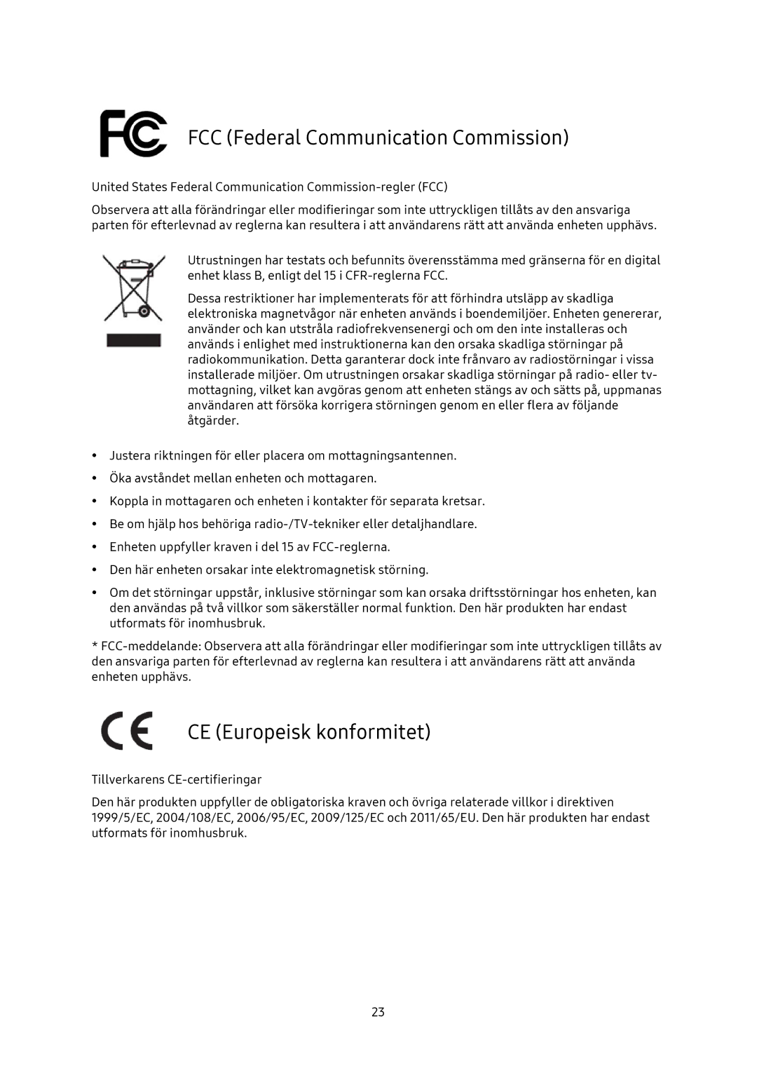 Samsung MU-PA500B/EU, MU-PA1T0B/EU, MU-PA250B/EU manual FCC Federal Communication Commission, CE Europeisk konformitet 