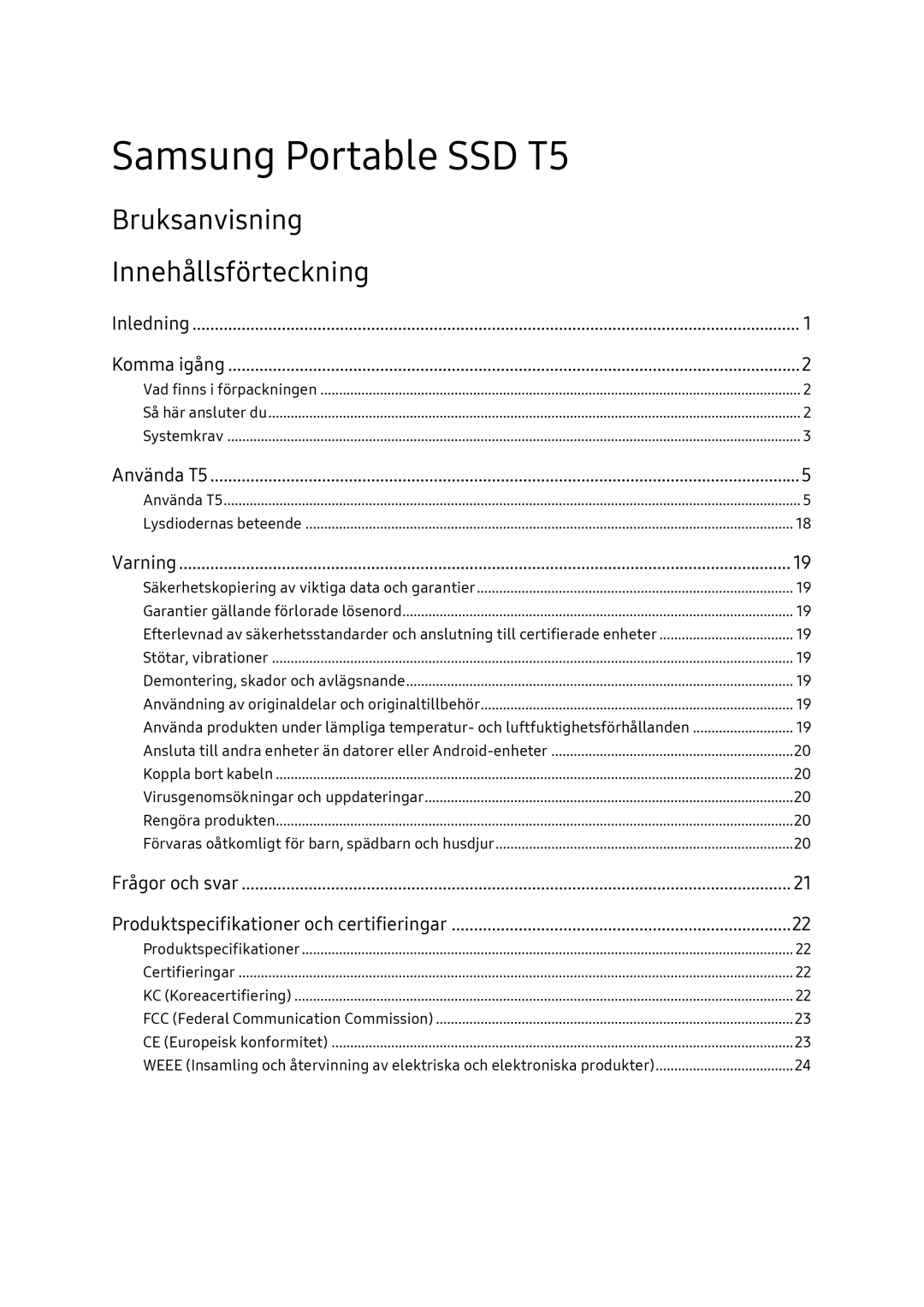 Samsung MU-PA2T0B/EU, MU-PA1T0B/EU, MU-PA250B/EU, MU-PA500B/EU manual Bruksanvisning Innehållsförteckning 