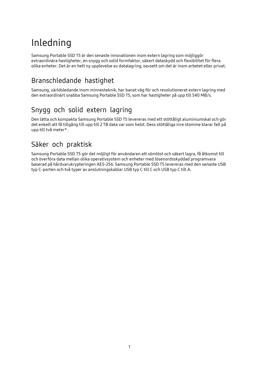 Samsung MU-PA1T0B/EU, MU-PA250B/EU Inledning, Branschledande hastighet, Snygg och solid extern lagring, Säker och praktisk 