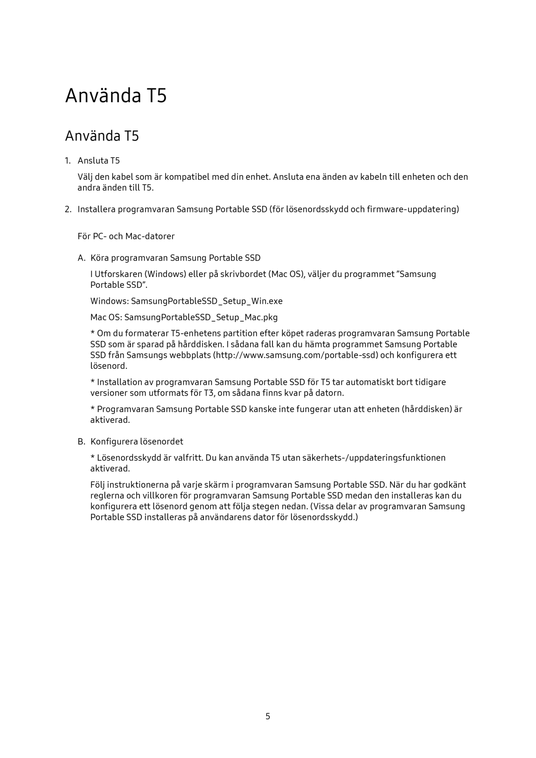 Samsung MU-PA1T0B/EU, MU-PA250B/EU, MU-PA500B/EU, MU-PA2T0B/EU manual Använda T5 