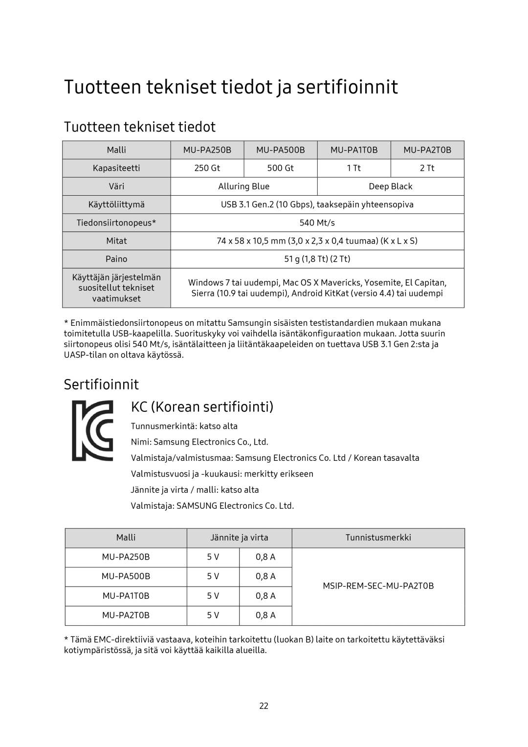 Samsung MU-PA250B/EU, MU-PA1T0B/EU manual Tuotteen tekniset tiedot ja sertifioinnit, Sertifioinnit KC Korean sertifiointi 