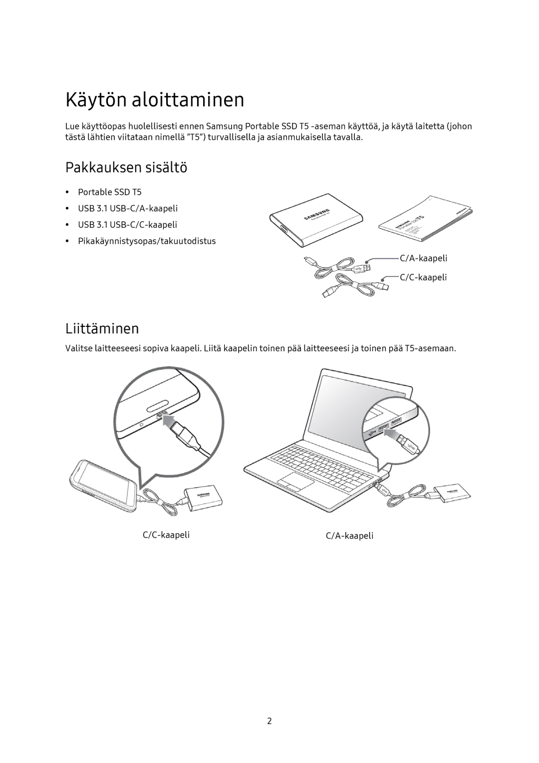 Samsung MU-PA250B/EU, MU-PA1T0B/EU, MU-PA500B/EU, MU-PA2T0B/EU manual Käytön aloittaminen, Pakkauksen sisältö, Liittäminen 