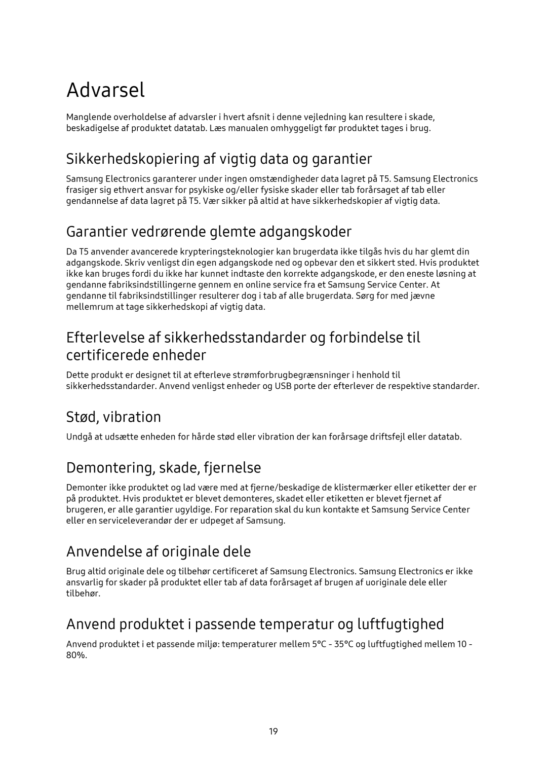 Samsung MU-PA500B/EU manual Sikkerhedskopiering af vigtig data og garantier, Garantier vedrørende glemte adgangskoder 